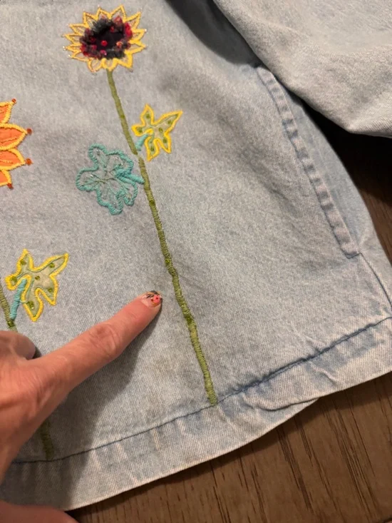 Tantrums Light Blue Denim Jacket with Colorful Sunflower Embroidery has stain - Picture 2 of 7